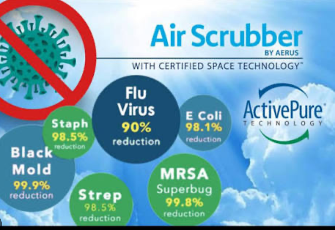 Air Scrubber by Aerus with ActivePure Technology — independently tested reductions of black mold, staph, flu virus, E. coli, strep and MRSA